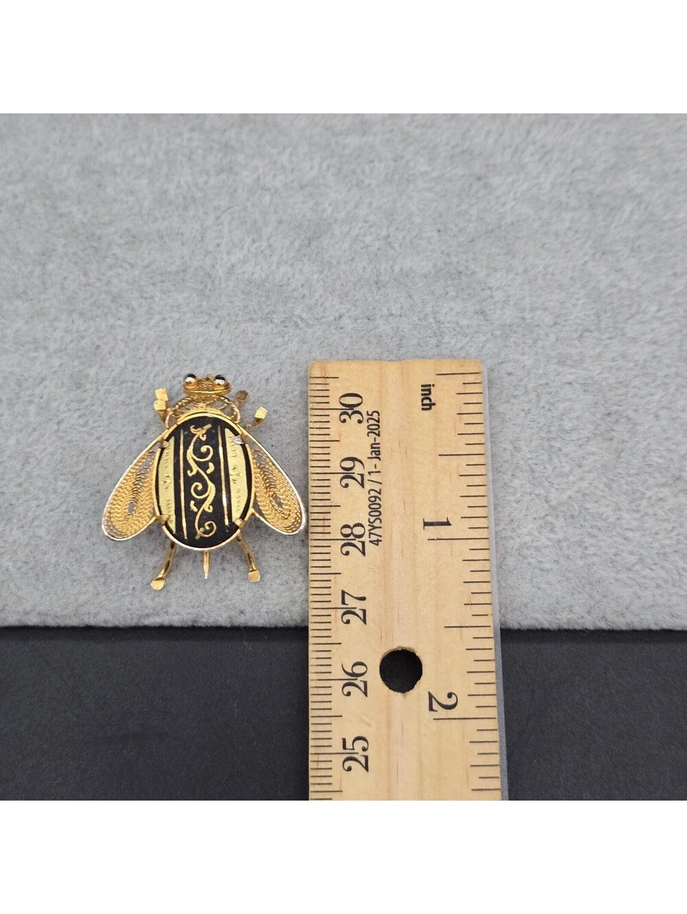 Vintage 1940s Spanish Damascene Fly Brooch Pin Toledo Gold Inlay Filigree Bug